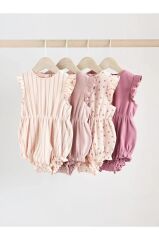 %100 Pamuklu Pembe Krem Benekli 4'lü Romper Set