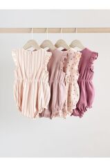 %100 Pamuklu Pembe Krem Benekli 4'lü Romper Set