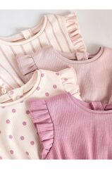 %100 Pamuklu Pembe Krem Benekli 4'lü Romper Set