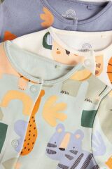 Next Baby % 100 Pamuklu Mint Mavi Hayvan Karakterli 3’lü Tulum Set
