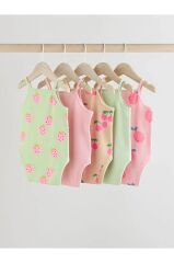 % 100 Pamuklu Yeşil Pembe Meyve Desenli İp Askılı 5'li Body Zıbın Set