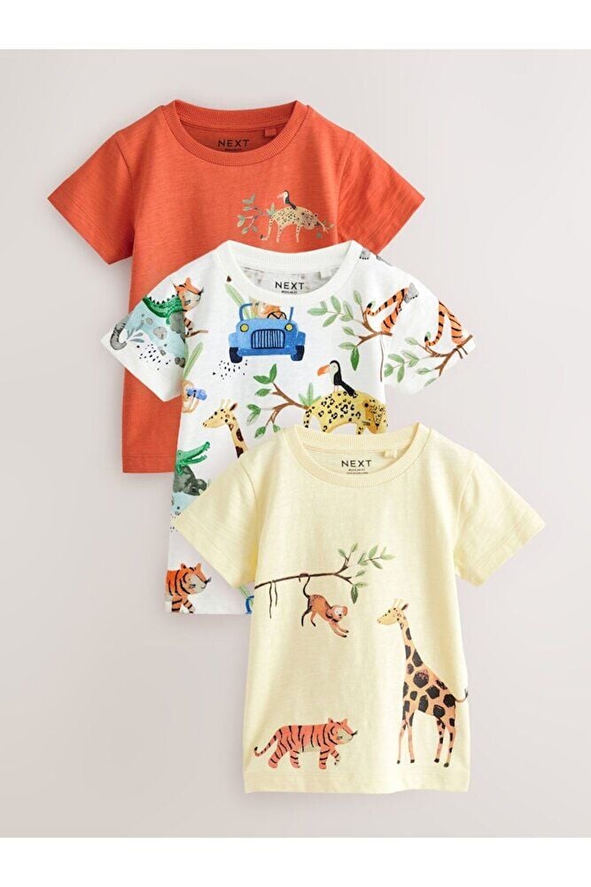 % 100 Pamuklu Krem Safari Desenli Kısa Kollu 3'lü Thsirt Set