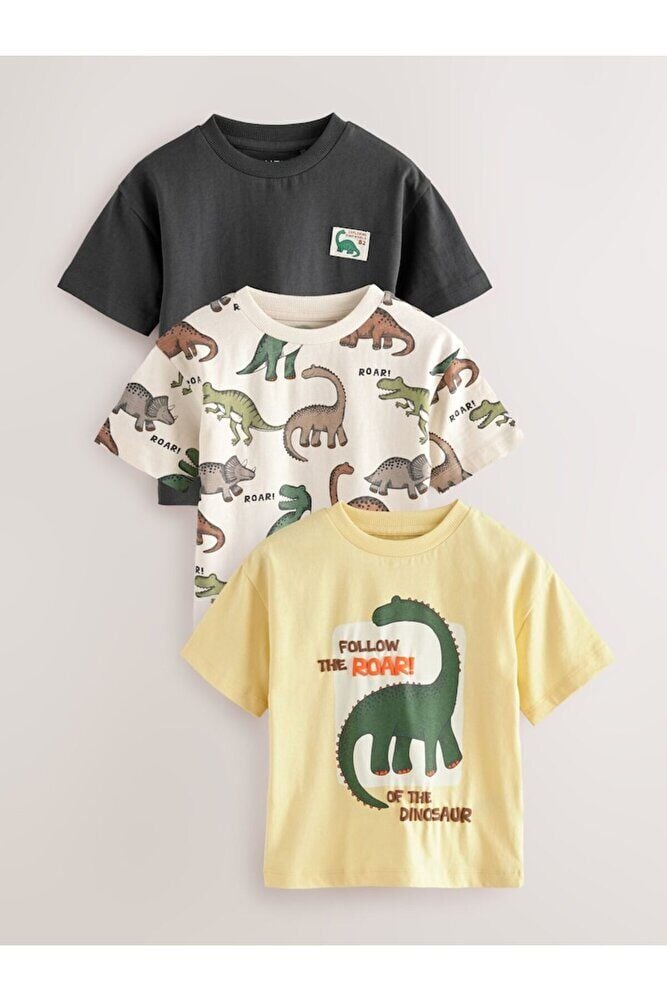 % 100 Pamuklu Sarı Dinozor Desenli Kısa Kollu 3'lü Thsirt Set