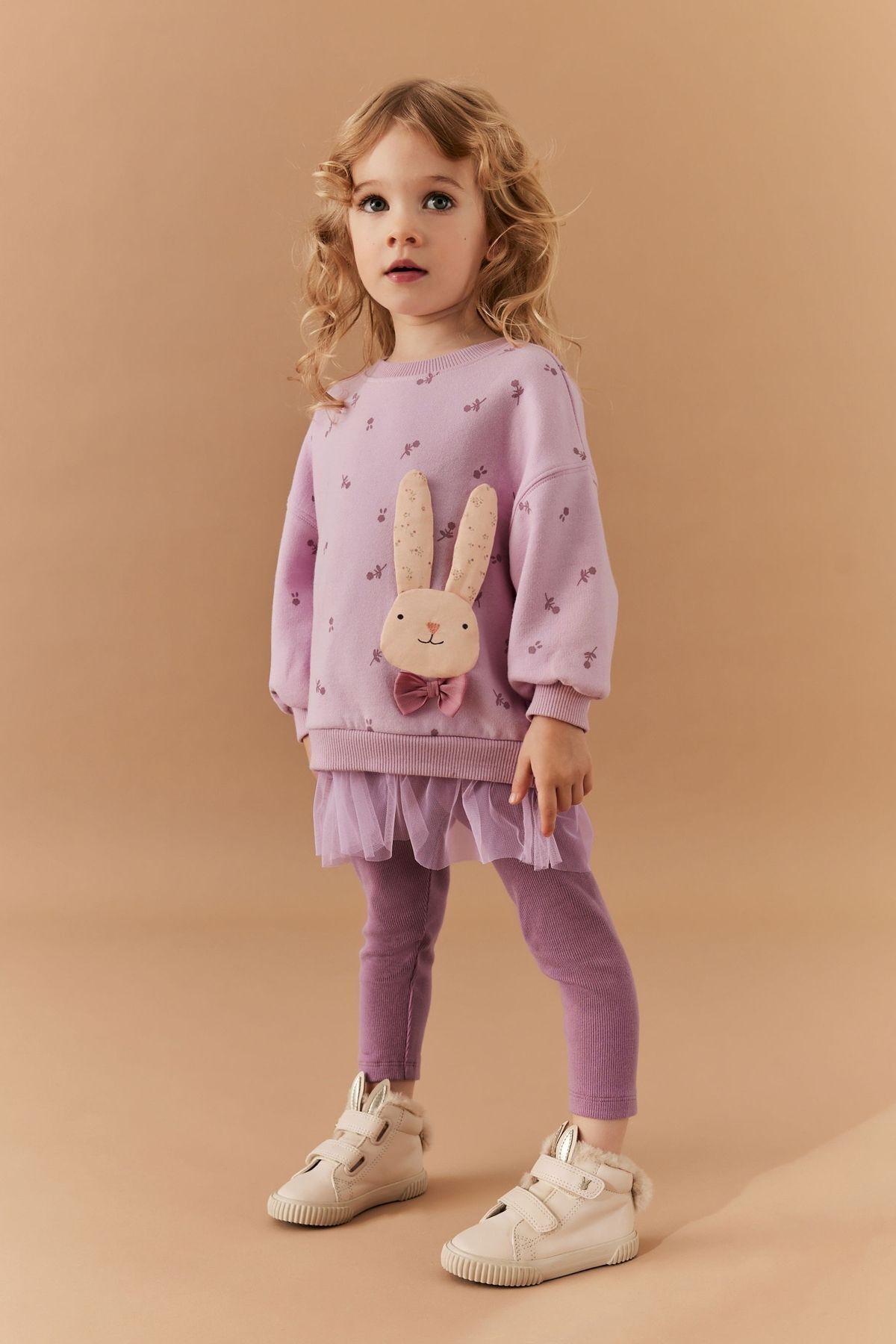 Next Baby Pamuklu Lila Tavşan Desenli Tütülü Sweatshirt Tayt Alt Üst Takım