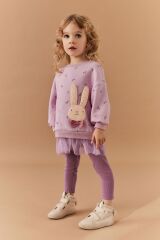 Next Baby Pamuklu Lila Tavşan Desenli Tütülü Sweatshirt Tayt Alt Üst Takım