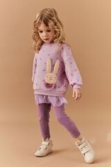 Next Baby Pamuklu Lila Tavşan Desenli Tütülü Sweatshirt Tayt Alt Üst Takım