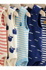 % 100 Pamuklu Kırmızı Mavi Balık Desenli 5'li Body Zıbın Set