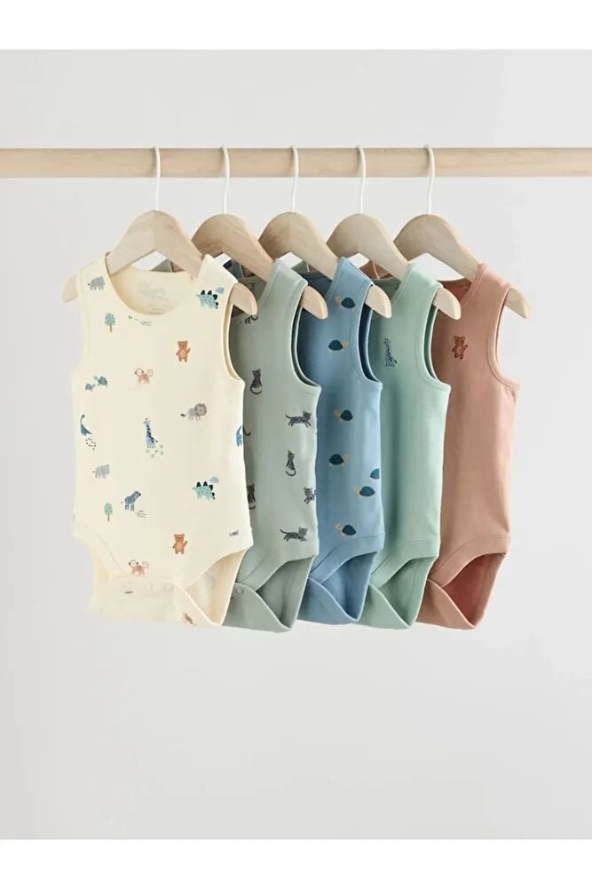 % 100 Pamuklu Mavi Animal Desenli 5'li Body Zıbın Set