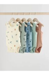 % 100 Pamuklu Mavi Animal Desenli 5'li Body Zıbın Set