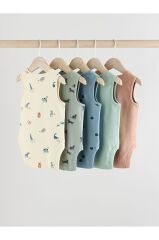 % 100 Pamuklu Mavi Animal Desenli 5'li Body Zıbın Set