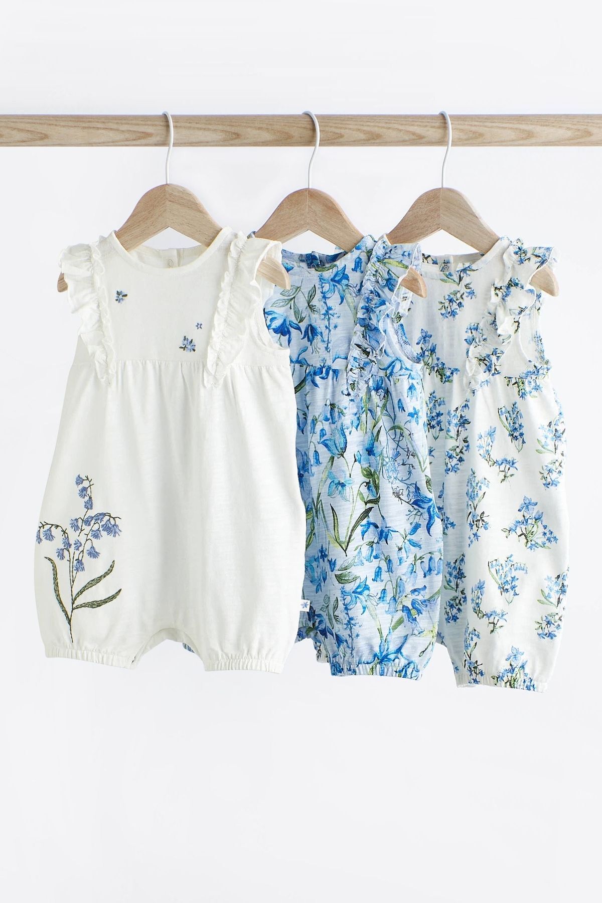 Next Baby % 100 Pamuklu Mavi Beyaz Çiçek Desenli 3’lü Romper Set