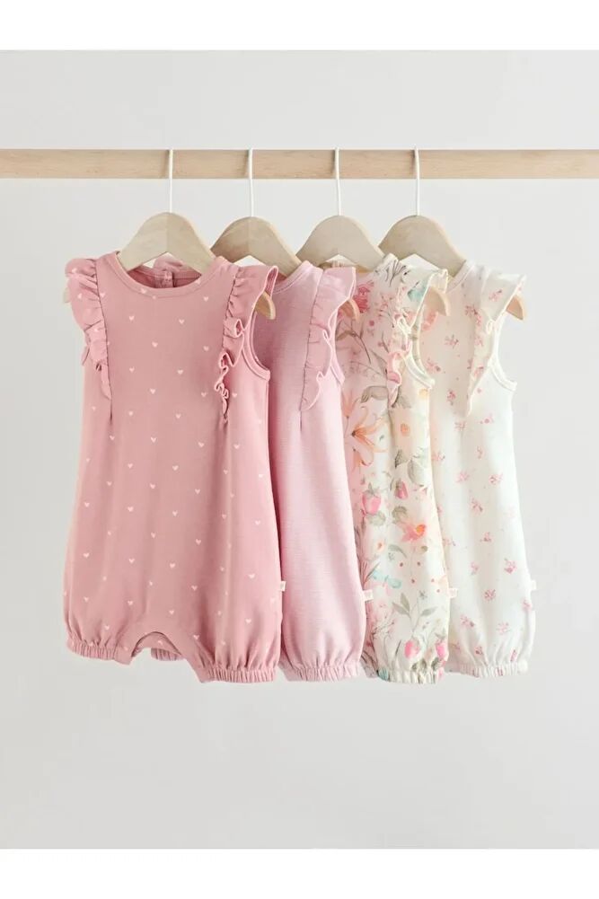 %100 Pamuklu Pembe Çiçek Desenli 4'lü Romper Set