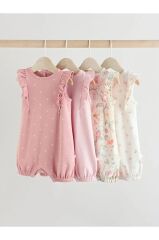 %100 Pamuklu Pembe Çiçek Desenli 4'lü Romper Set
