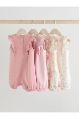 %100 Pamuklu Pembe Çiçek Desenli 4'lü Romper Set