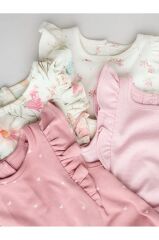 %100 Pamuklu Pembe Çiçek Desenli 4'lü Romper Set