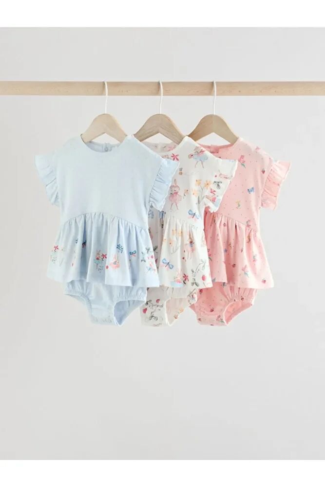 %100 Pamuklu Mavi Pembe Peri Desenli 3'lü Romper Set