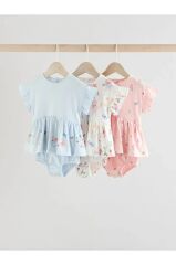 %100 Pamuklu Mavi Pembe Peri Desenli 3'lü Romper Set