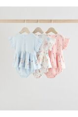 %100 Pamuklu Mavi Pembe Peri Desenli 3'lü Romper Set