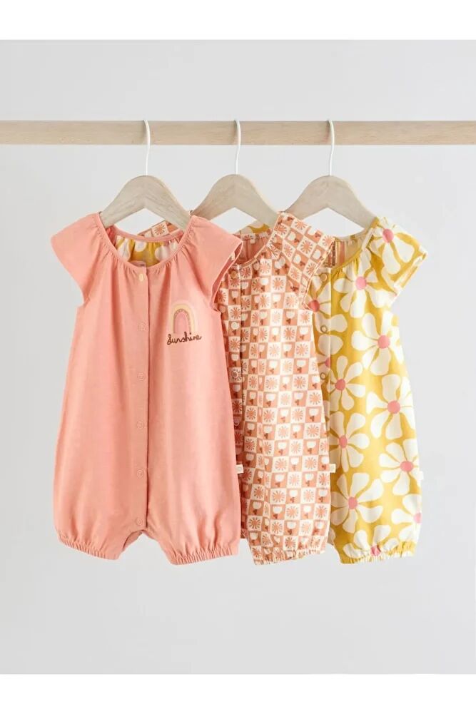 %100 Pamuklu Pembe Sarı Çiçek Desenli 3'lü Romper Set