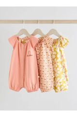 %100 Pamuklu Pembe Sarı Çiçek Desenli 3'lü Romper Set