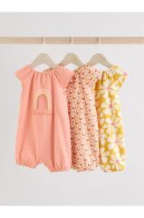 %100 Pamuklu Pembe Sarı Çiçek Desenli 3'lü Romper Set