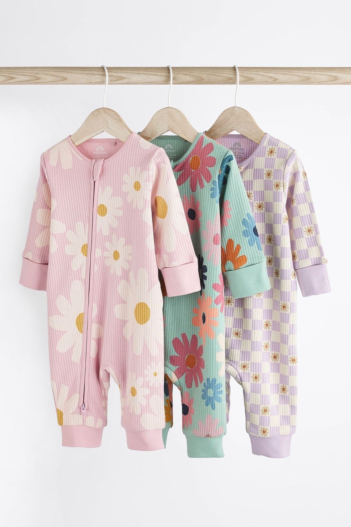 Next Baby % 100 Pamuklu Adaçayı Yeşili Çiçek Desenli 3’lü Tulum Set