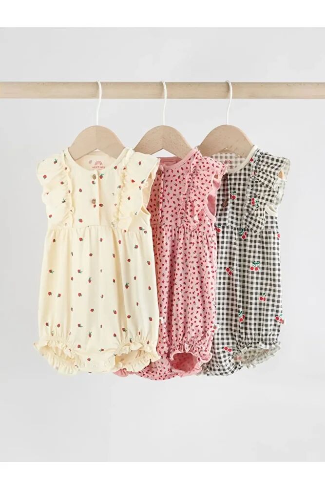 %100 Pamuklu Monochrome Çiçek Desenli 3'lü Romper Set