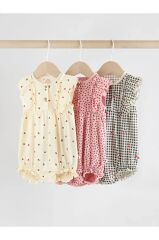 %100 Pamuklu Monochrome Çiçek Desenli 3'lü Romper Set