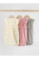 %100 Pamuklu Monochrome Çiçek Desenli 3'lü Romper Set