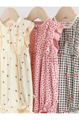 %100 Pamuklu Monochrome Çiçek Desenli 3'lü Romper Set