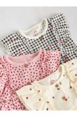 %100 Pamuklu Monochrome Çiçek Desenli 3'lü Romper Set