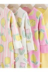 %100 Pamuklu Pembe Limon Desenli Ayaksız 4'lü Tulum Set