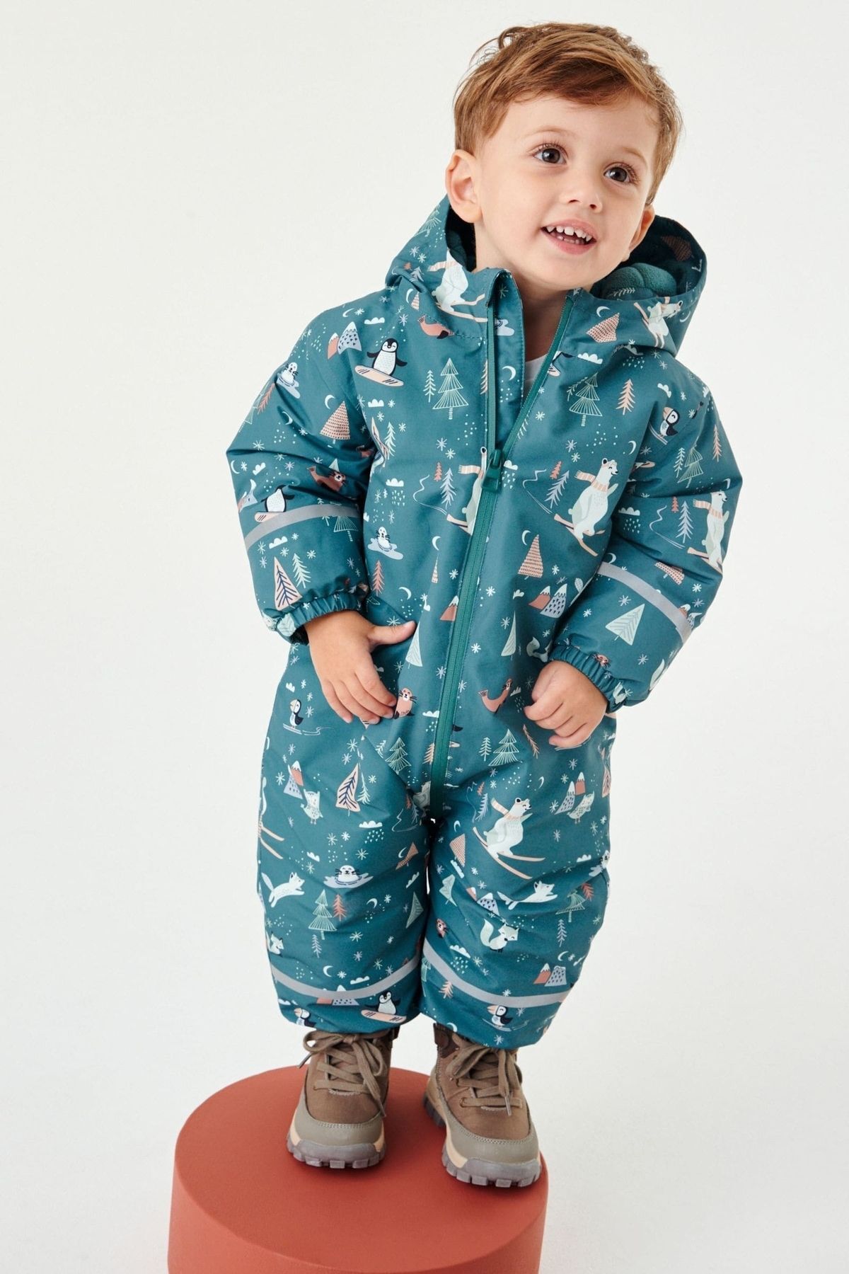 Next Baby Teal Blue Hayvan Desenli Tam Polar Astarlı Suya Dayanıklı Kar Tulumu