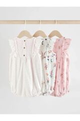 %100 Pamuklu Pembe Krem Çiçek Desenli 3'lü Romper Set