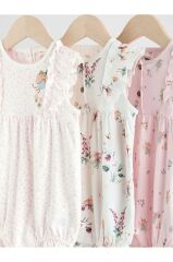 %100 Pamuklu Pembe Krem Çiçek Desenli 3'lü Romper Set