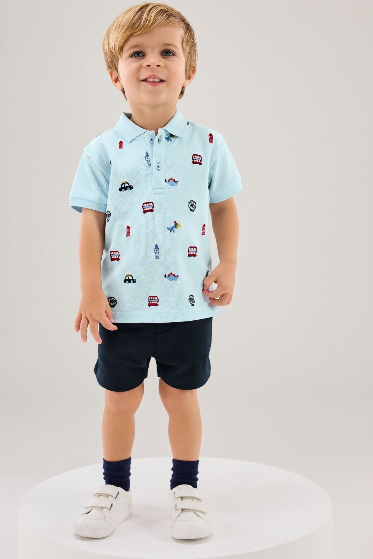 Next Baby % 100 Pamuklu Mavi Polo Yaka Kısa Kollu Şortlu Alt Üst Takım