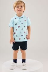 Next Baby % 100 Pamuklu Mavi Polo Yaka Kısa Kollu Şortlu Alt Üst Takım