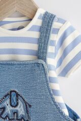 Next Baby Pamuklu Mavi Denim Fil Desenli Salopet Body Zıbın Set