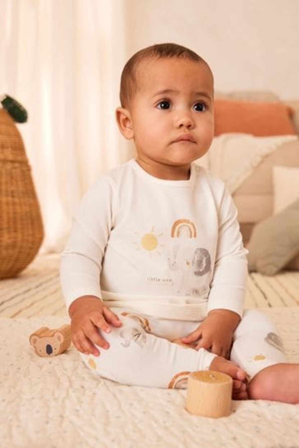 Next Baby Pamuklu Krem Fil Desenli Uzun Kollu Alt Üst Takım Takım