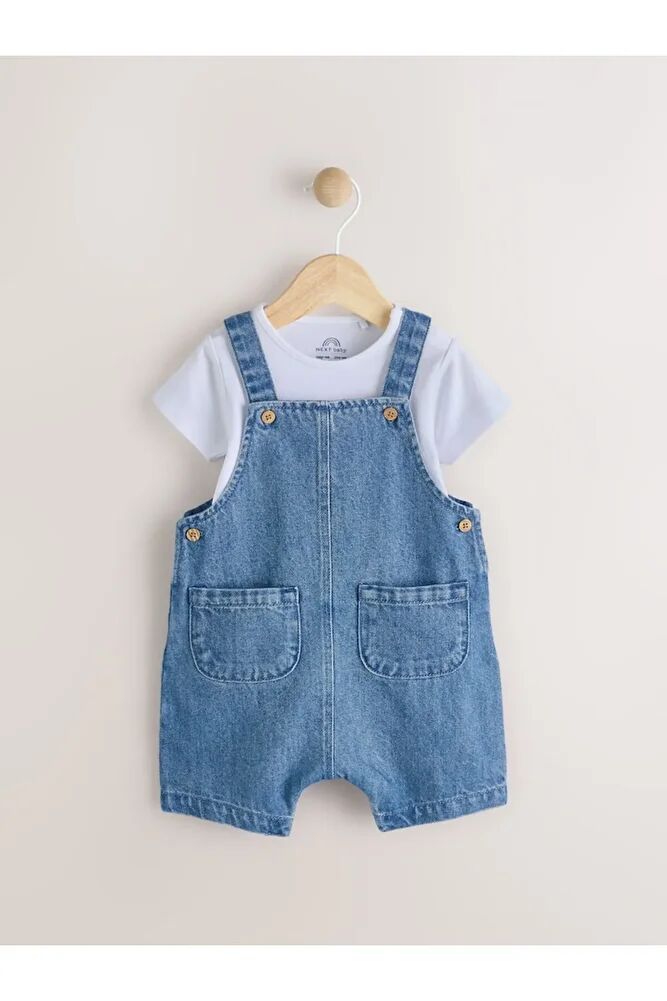 %100 Pamuklu Mavi Denim Salopet Body Zıbın Set