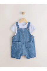 %100 Pamuklu Mavi Denim Salopet Body Zıbın Set