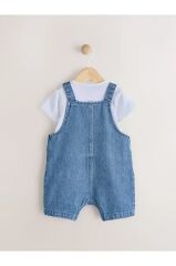 %100 Pamuklu Mavi Denim Salopet Body Zıbın Set
