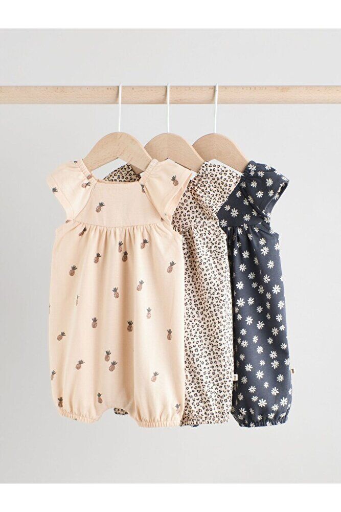%100 Pamuklu Meyve Çiçek Desenli 3'lü Romper Set