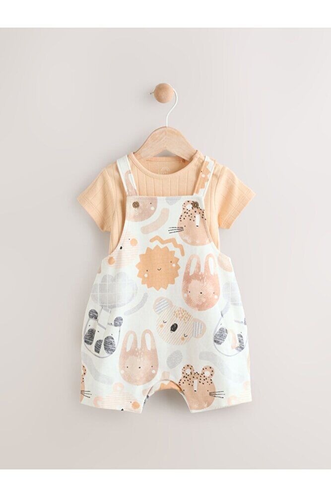 %100 Pamuklu Krem Safari Salopet Body Zıbın Set