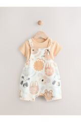 %100 Pamuklu Krem Safari Salopet Body Zıbın Set
