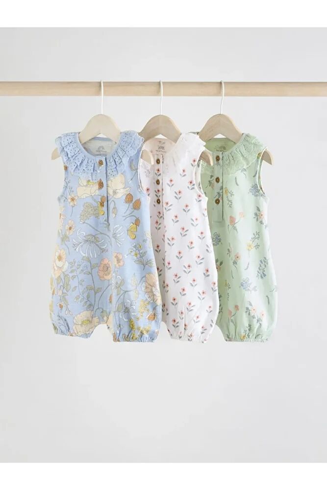 %100 Pamuklu Mavi Krem  Çiçek Desenli 3'lü Romper Set