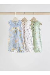 %100 Pamuklu Mavi Krem  Çiçek Desenli 3'lü Romper Set
