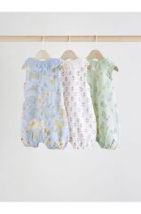 %100 Pamuklu Mavi Krem  Çiçek Desenli 3'lü Romper Set