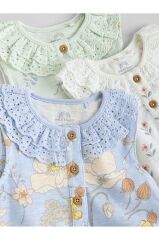 %100 Pamuklu Mavi Krem  Çiçek Desenli 3'lü Romper Set