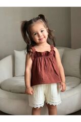 Little Twins Pamuklu Krem Kahve Askılı Müslin Alt Üst Takım